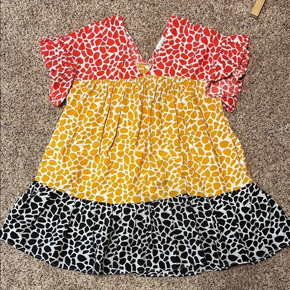 Bucket‎ List Dress Giraffe Print Color Block Ruffle Sleeve V Neck - Picture 1 of 6
